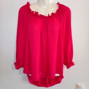 Sheer hot pink long sleeve top, stretchy neckline, off the shoulder size 1xl